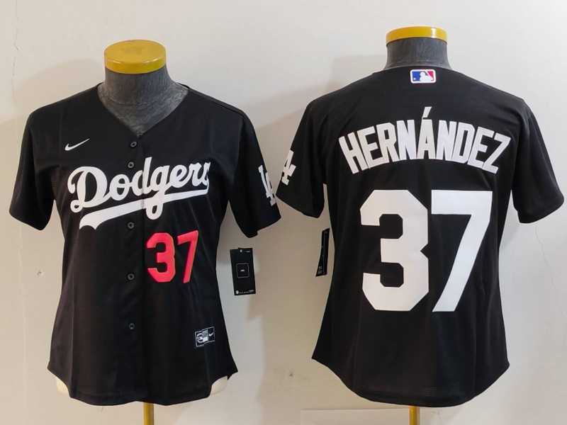 Womens Los Angeles Dodgers #37 Teoscar Hernandez Number Black Cool Base Stitched Jersey